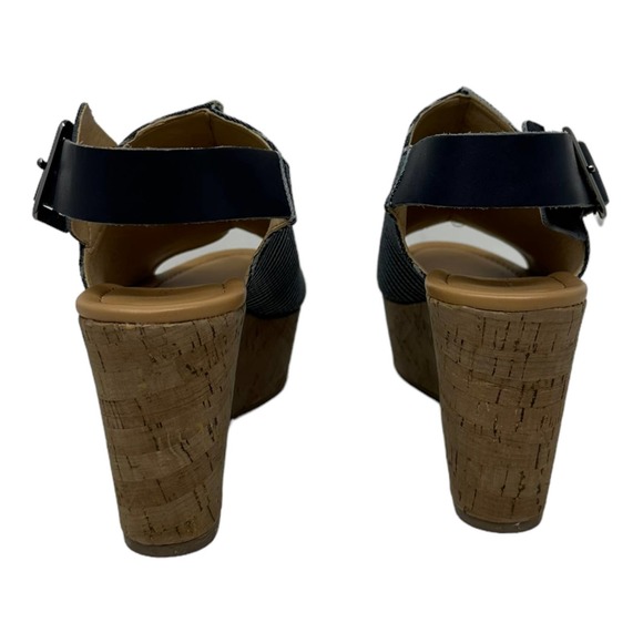Marc Fisher Sinthya Blue Stripe Denim Cork Wedge Slingback Sandals 7.5 - Picture 4 of 11